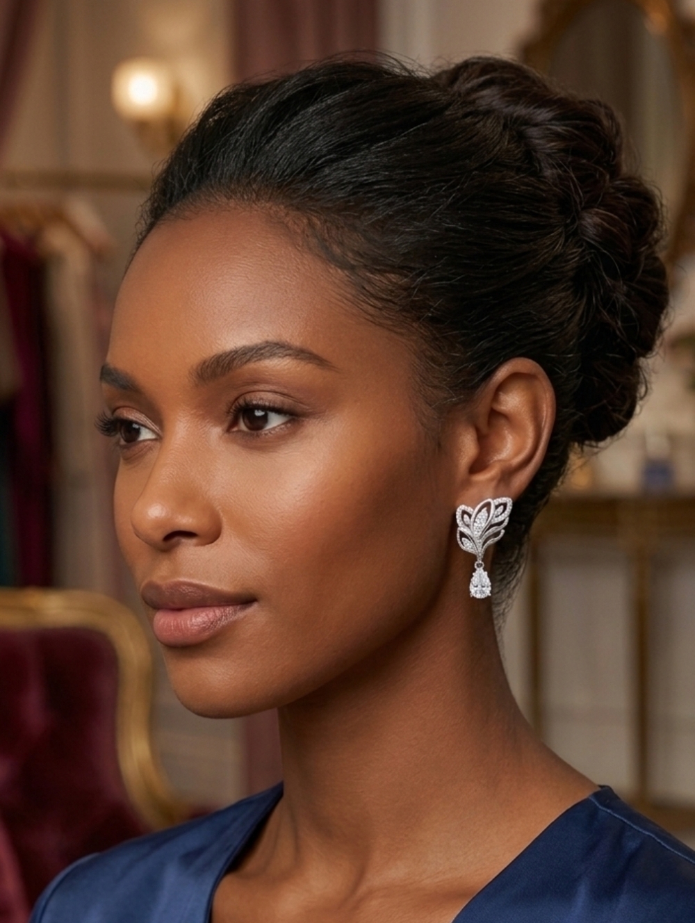 Winged Crystal Leaf Drop Earrings - Picture 4 of 6